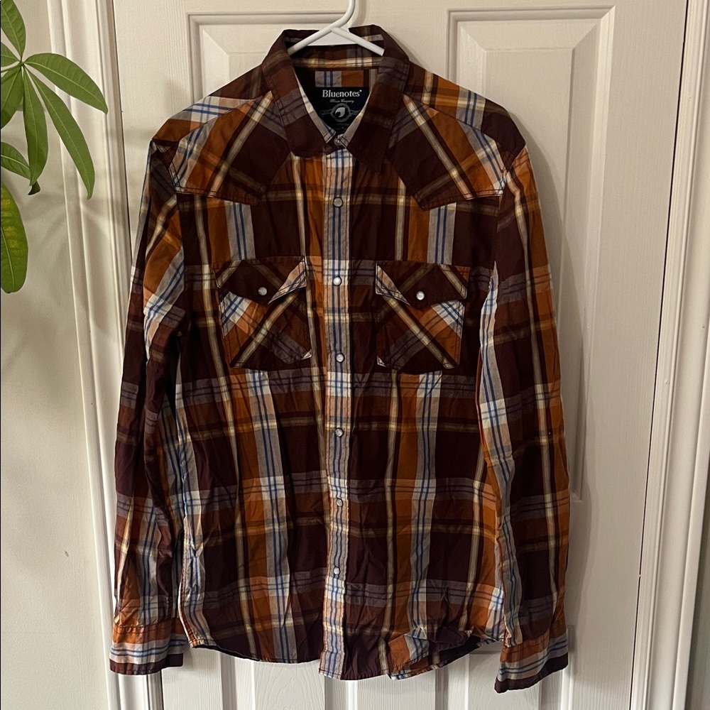Bluenotes 90s Vintage Brown Plaid Pearl Snap Trucker Shirt Country Western Men M